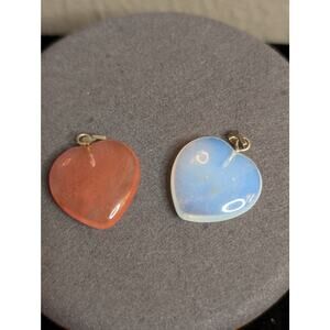 Vintage Two Pink & Opalite Glass Heart Pendants